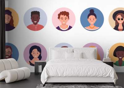 People avatar bundle set. User portraits. Different human face icons. Male and female characters. Smiling men and women characters. Flat cartoon style illustration Wall mural