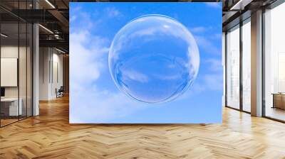 Bubble soap on blue sky with clouds background texture in bright morning. 3d ball, round circle. Transparent glass sphere for clean atmosphere. Nature abstract white cloudscape in sunny day. Wall mural