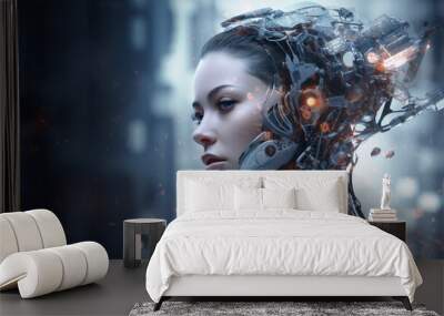 Cyborg woman face. Character 3d rendering. Cyberpunk girl warrior. Human robot technology. Wall mural