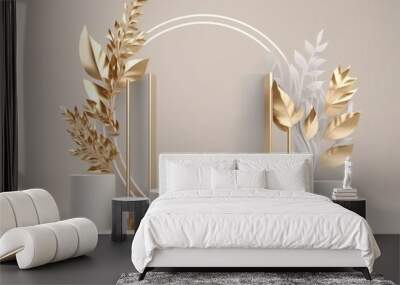 Tropical flowers 3D render of beige podium stand white background abstract. Generative Ai. Wall mural