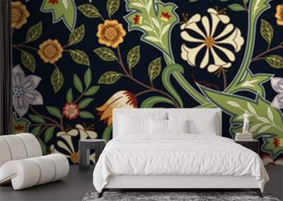 Floral seamless pattern with big flowers and foliage on dark background. Vector illustration. Wall mural