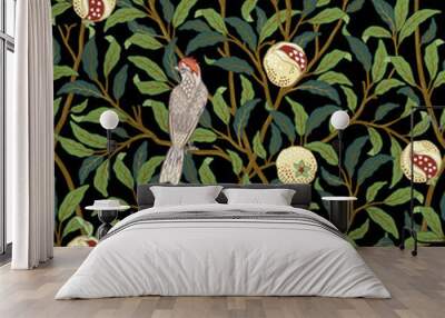 Vintage birds in foliage with birds and fruits seamless pattern on dark background. Middle ages William Morris style. Vector illustration. Wall mural