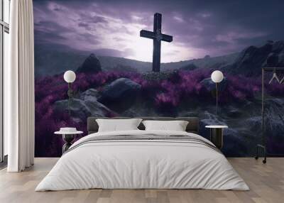 cross in the hill landscape good friday greeting card Created with generative Ai Technology Wall mural