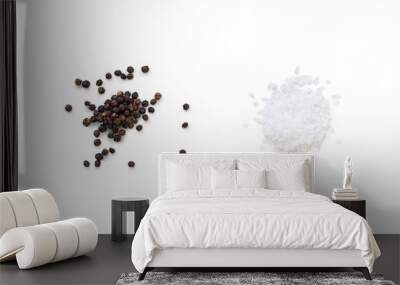 Dried whole seed of black pepper and white coarse sea salt isolated on a transparent background with shadow, seen from above, top view, png Wall mural