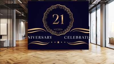 21 years anniversary celebration with elegant circle frame isolated on dark blue background. 21 years Anniversary logo. Vector design for greeting card, birthday party, wedding, event party, ceremony. Wall mural