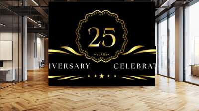 25 years anniversary celebration with gold decorative frame isolated on black background. 25 years Anniversary logo. Vector design for greeting card, birthday party, wedding, event party, ceremony. Wall mural