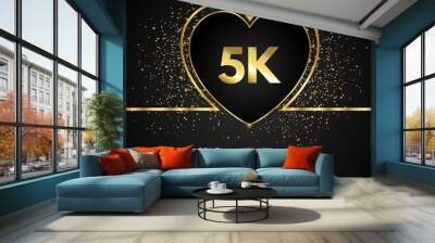 Thank you 5K or 5 thousand followers with heart and gold glitter isolated on black background. Greeting card template for social networks friends, and followers. Thank you, followers, achievement. Wall mural