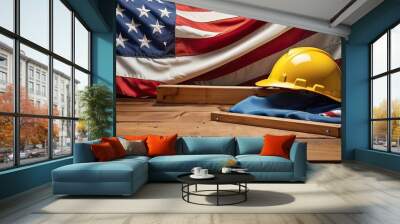 American Flag, Hard Hat, and Wood Plank. Wall mural