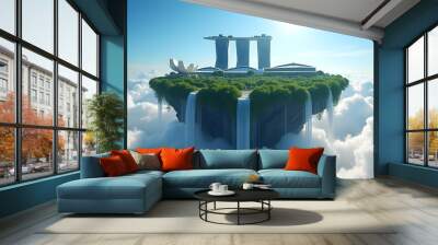 Floating City with Waterfall in the Clouds. Wall mural