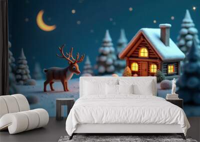 Reindeer and Cabin in a Winter Wonderland Wall mural