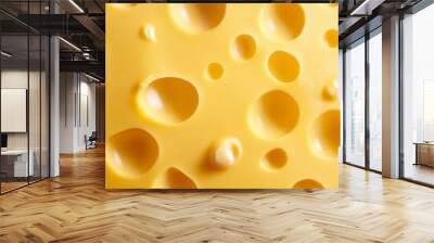 A detailed closeup of a textured yellow cheese slice featuring distinctive holes and patterns Wall mural