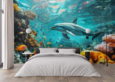 Animals of the underwater sea world. Ecosystem. Colorful tropical fish. Life in the coral reef Wall mural