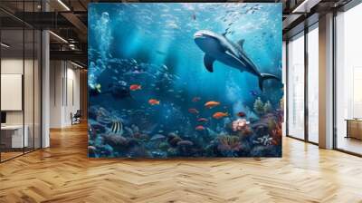 Animals of the underwater sea world. Ecosystem. Colorful tropical fish. Life in the coral reef Wall mural