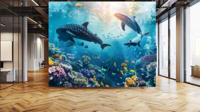 Animals of the underwater sea world. Ecosystem. Colorful tropical fish. Life in the coral reef Wall mural