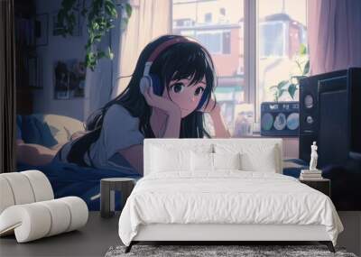 Anime girl in her room listening to music with headphones on her bed. Lo Fi scene Wall mural