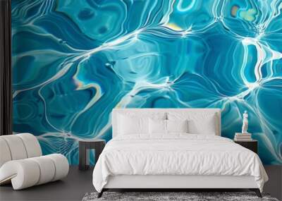 Blue water caustics background top view. Clear ripples pool water texture. Summer vacation Wall mural