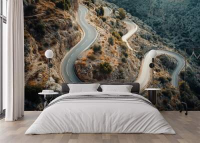 Car driving on a serpentine road. Curvy road surrounded by pine forest. Top view Wall mural