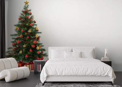 Christmas tree with beautiful baubles and many presents on white background with space for text Wall mural