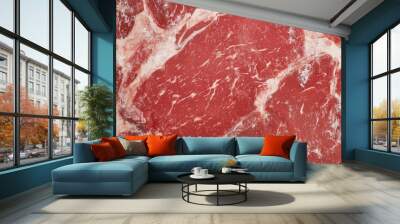 Detailed and closeup fresh raw red marbled beef texture showcases rich colors and unique textures Wall mural