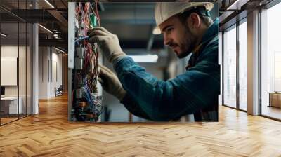 Electrician installing wiring and connecting the wires in residential building Wall mural