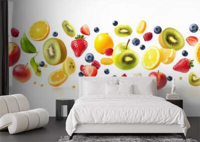 Flying different fresh fruits in air on white background. Falling fruits mix multifruit Wall mural