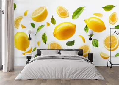 Flying fresh raw whole and sliced lemons with leaves on white background Wall mural