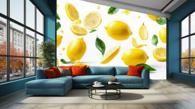 Flying fresh raw whole and sliced lemons with leaves on white background Wall mural