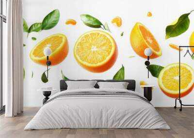 Flying fresh raw whole and sliced oranges with leaves on white background. Falling oranges Wall mural