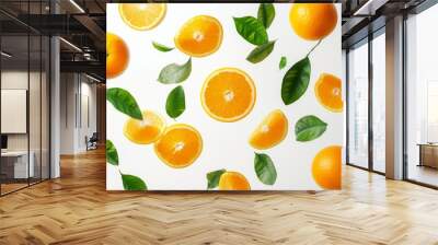 Flying fresh raw whole and sliced oranges with leaves on white background. Falling oranges Wall mural