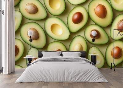 Green ripe avocado top close up view. Texture vegan healthy food background Wall mural