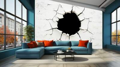 Hole in the Wall with Cracked Surrounding Texture. Deep hole in a white wall with cracks around it Wall mural