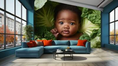 Newborn black baby lying in fresh green cabbage. Cute funny child. Top view Happy childhood Wall mural