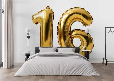 Number 16 golden inflatable foil balloons. Bright party decoration. Sixteen years on white background Wall mural