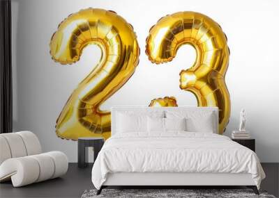 Number 23 golden inflatable foil balloons. Bright party decoration. Twenty three years on white background Wall mural