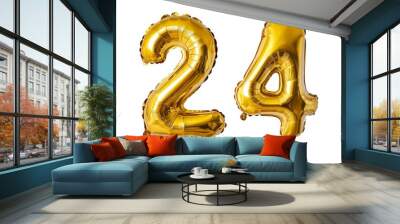 Number 24 golden inflatable foil balloons. Bright party decoration. Twenty four years on white background Wall mural