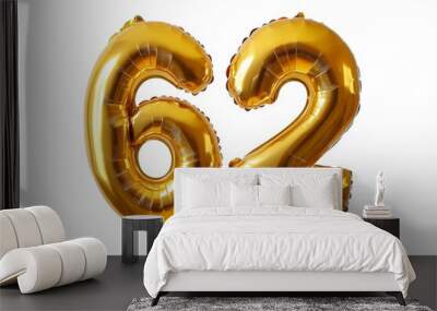 Number 62 golden inflatable foil balloons. Bright party decoration. Sixty two years on white background Wall mural