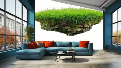 Piece of ground covered with grass is floating in the air. Flying island isolated on white background Wall mural