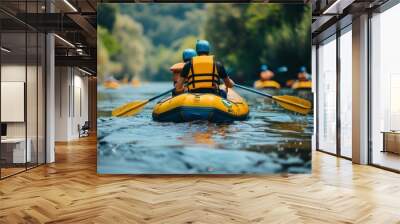 Rafting on boat on mountain river. Mountains river rafting extreme attraction summertime Wall mural