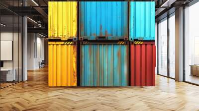 Shipping containers stacked on top of each other. Cargo sea port logistics and transportation Wall mural