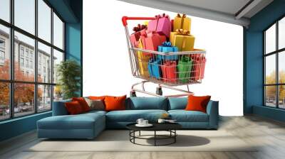 Shopping cart full of gift boxes on white background. Supermarket trolley with presents. Discounts, sales and promotions Wall mural