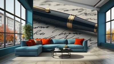 Stunningly luxurious fountain pen is elegantly resting on beautifully crafted and written manuscript Wall mural