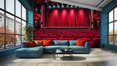 Theater scene interior with balconies and seats. Classic theater stage with a red curtain Wall mural