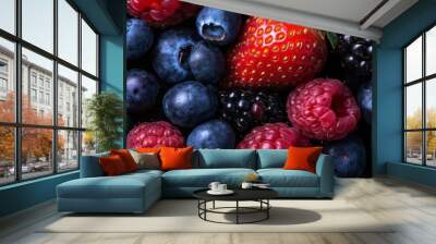 Vibrant Mix of Fresh Berries: Strawberries, Blueberries, Raspberries, and Blackberries. Background Wall mural