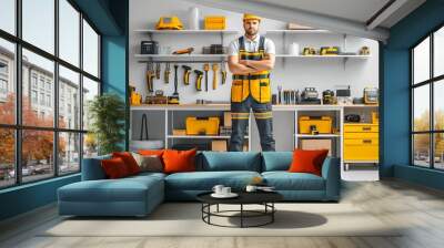 A confident man stands ready in his workshop, surrounded by a plethora of neatly organized tools. Wall mural