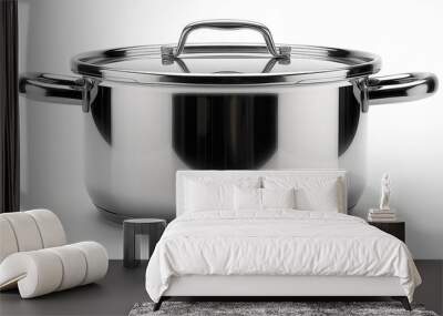 A shiny stainless steel pot with a lid, isolated on a white background. Wall mural