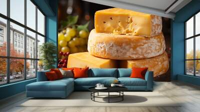 Cheese collection, French cow cheese comte, beaufort, abondance close up Wall mural