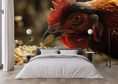 Close-up of a chicken pecking at corn kernels with vivid detail and intensity. Wall mural