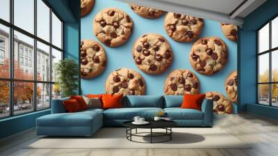 Delectable chocolate chip cookies on a bright blue background invite a taste of sweetness. Wall mural