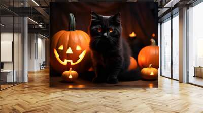 Halloween cute black cat and pumpkin lanterns. AI generated image Wall mural