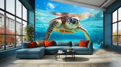 Hello summer. Super cute little turtle swimming in the blue lagoon. AI generated image. Wall mural